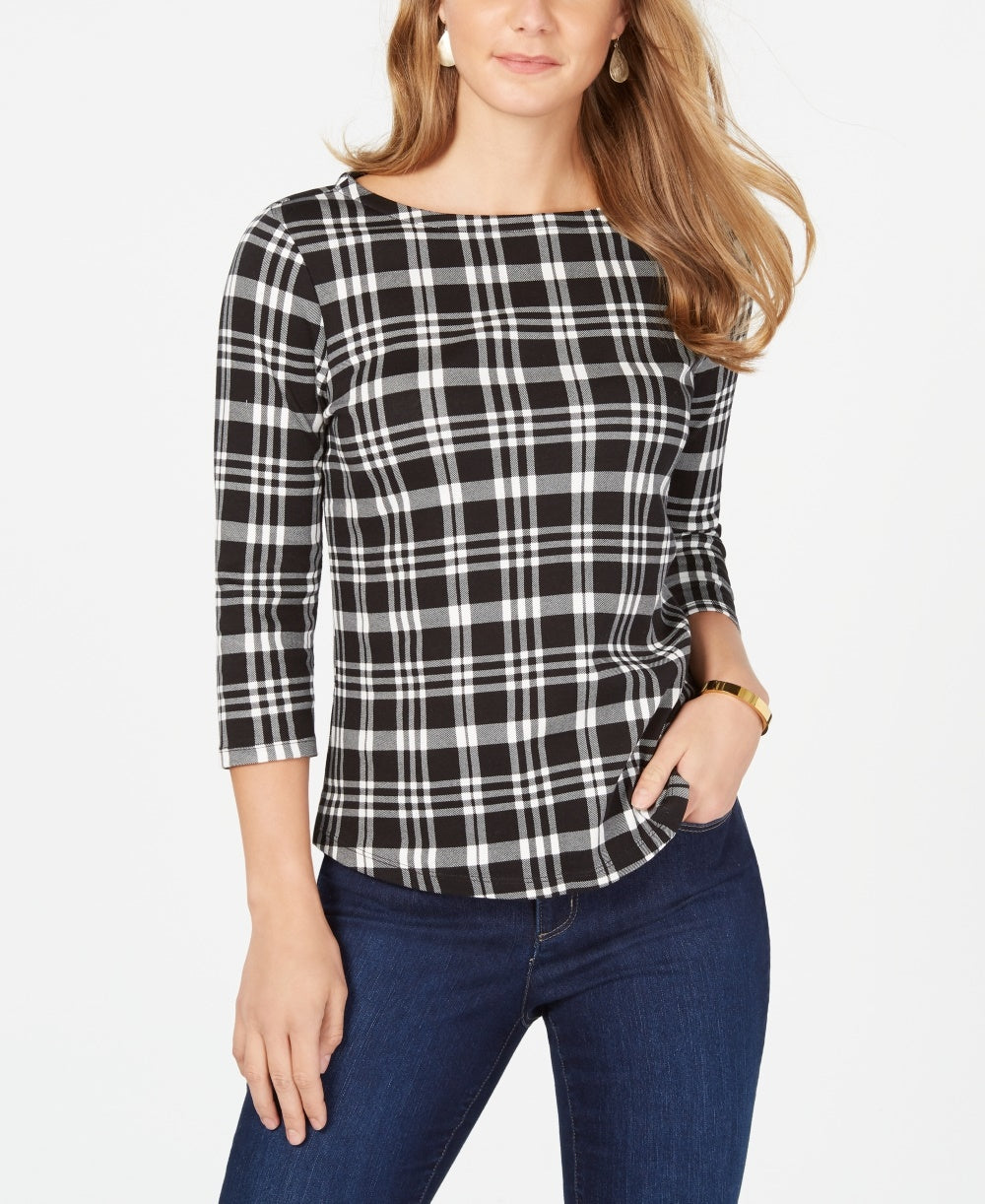 Charter Club Women's Petite Pima Cotton Button-Shoulder Print Top Black Size PP