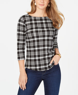 Charter Club Women's Petite Pima Cotton Button-Shoulder Print Top Black Size PP