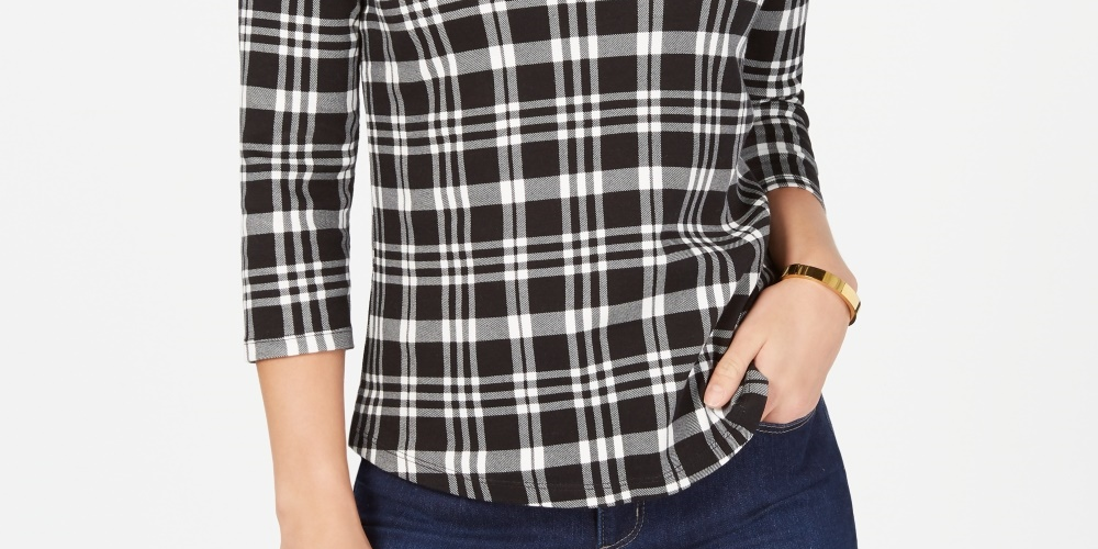 Charter Club Women's Petite Pima Cotton Button-Shoulder Print Top Black Size PP