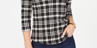 Charter Club Women's Petite Pima Cotton Button-Shoulder Print Top Black Size PP