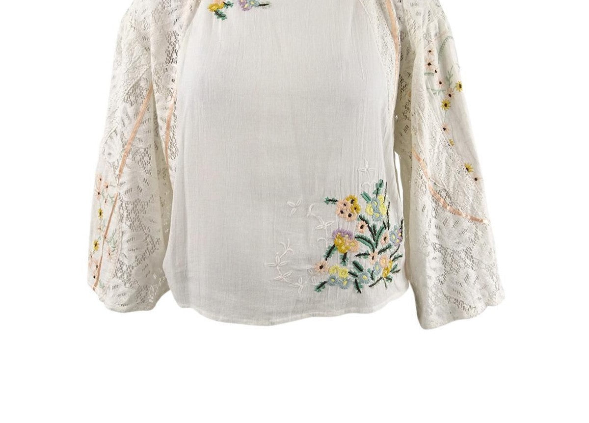 Free People Women's Bell-Sleeve Jewel Neck Top White Size X-Large