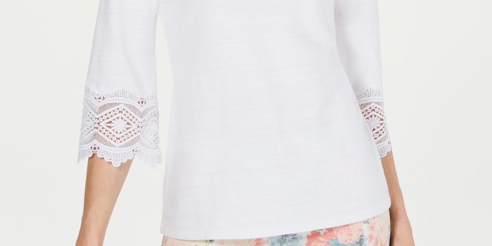 Charter Club Women's Petite Lace-Sleeve Top White Size Small