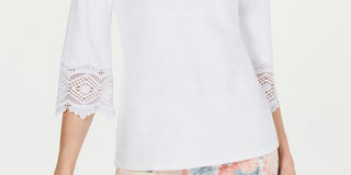 Charter Club Women's Petite Lace-Sleeve Top White Size Small