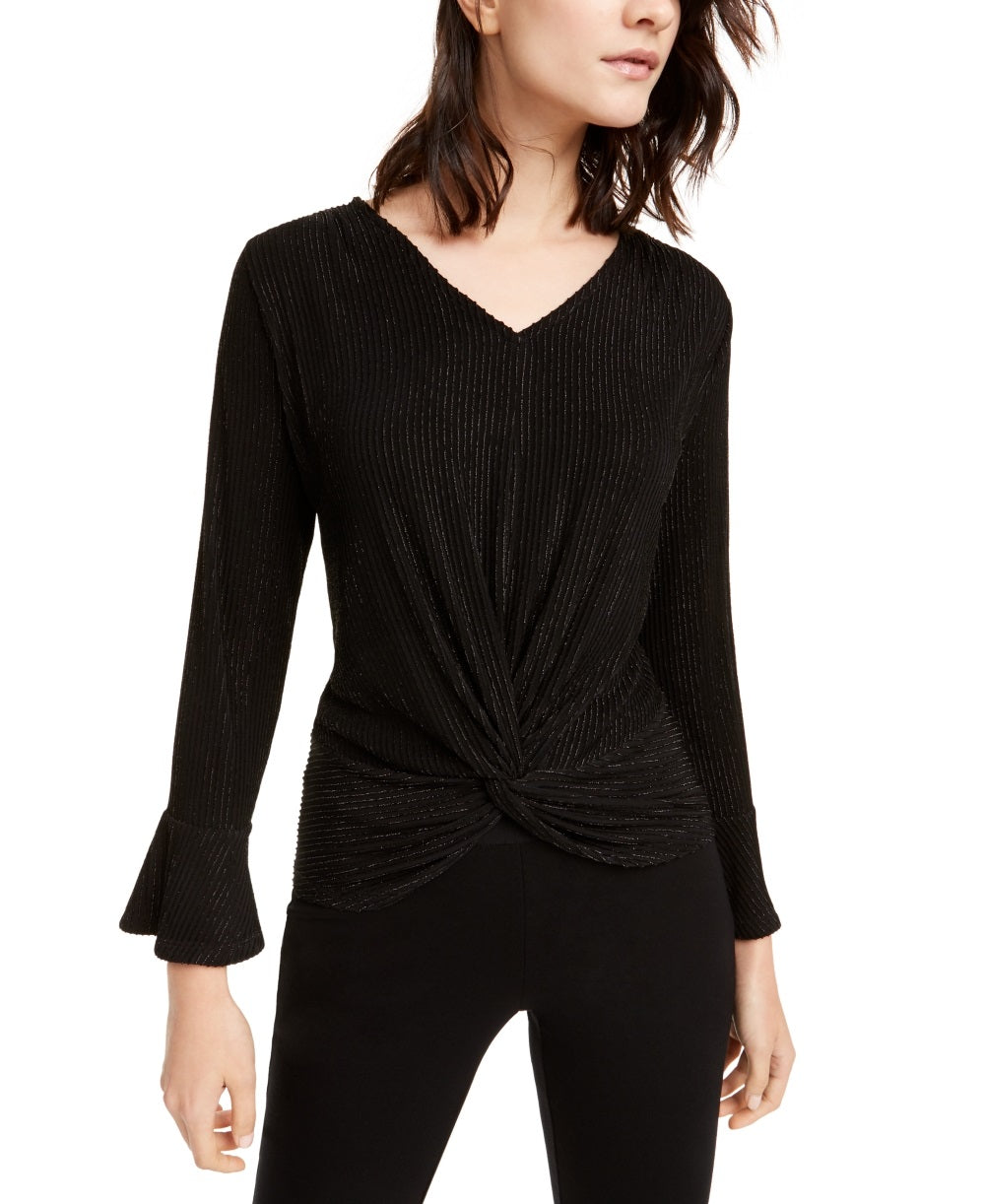 Alfani Women's Metallic Striped Knot Front Top Black Size S