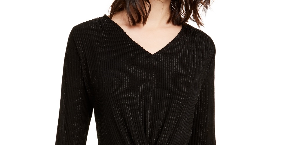 Alfani Women's Metallic Striped Knot Front Top Black Size S