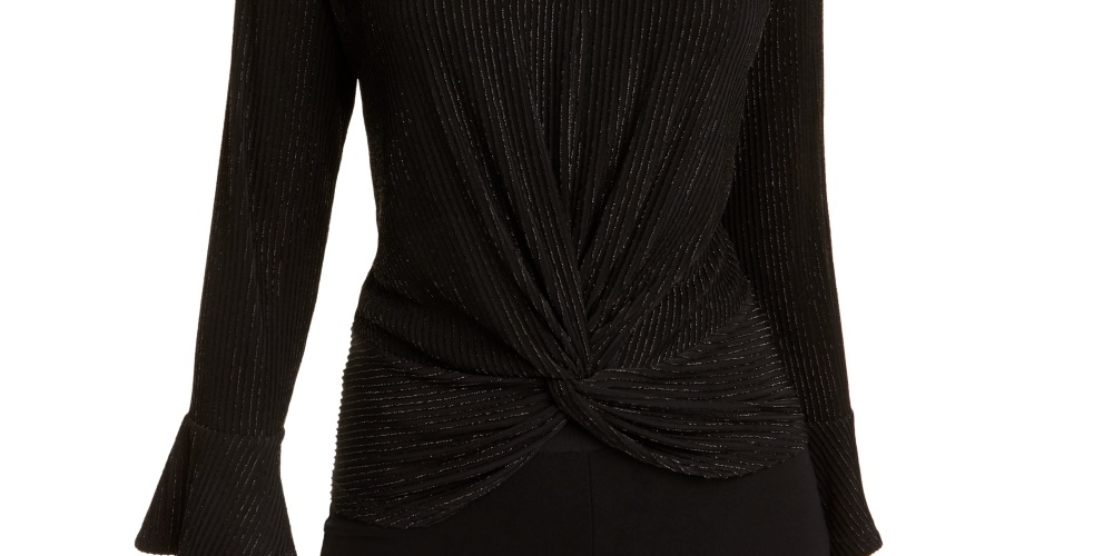 Alfani Women's Metallic Striped Knot Front Top Black Size S