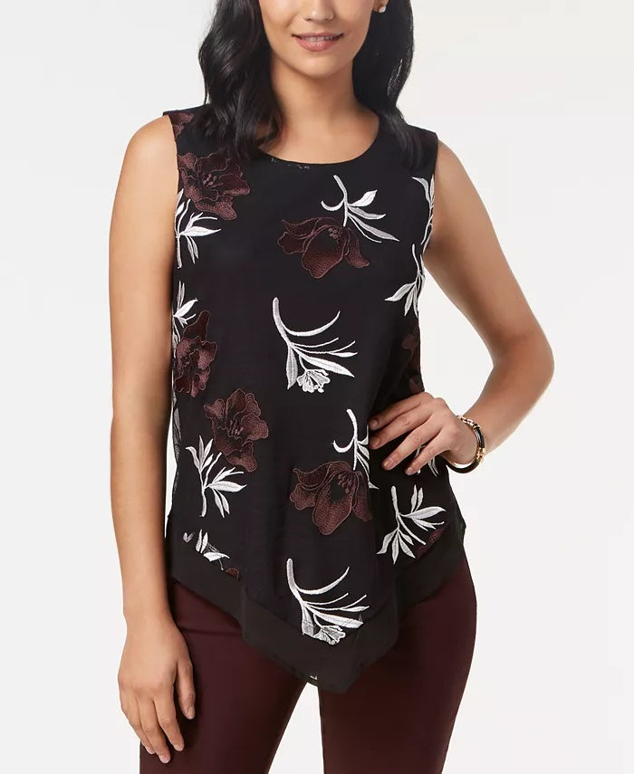 Alfani Women's Sleeveless Embroidered Pointed Hem Top Black Size Medium
