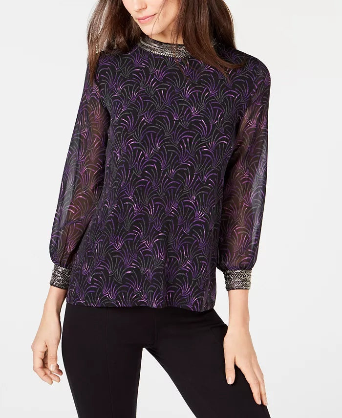 Alfani Women's Petite Printed Embellished-Neck Top Black Size Petite Small