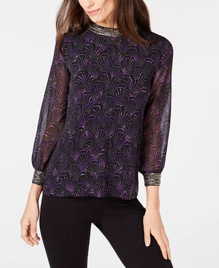 Alfani Women's Petite Printed Embellished-Neck Top Black Size Petite Small