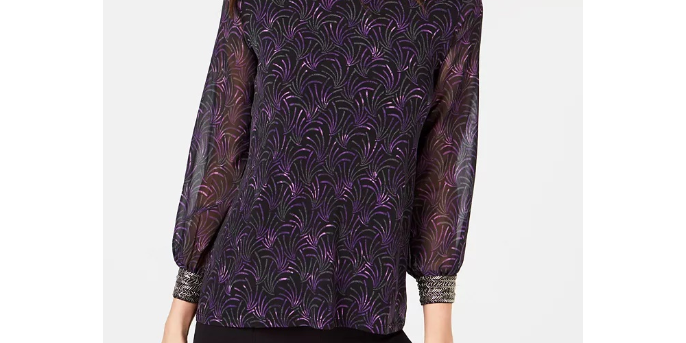 Alfani Women's Petite Printed Embellished-Neck Top Black Size Petite Small