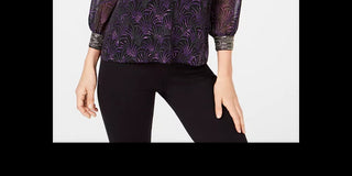 Alfani Women's Petite Printed Embellished-Neck Top Black Size Petite Small