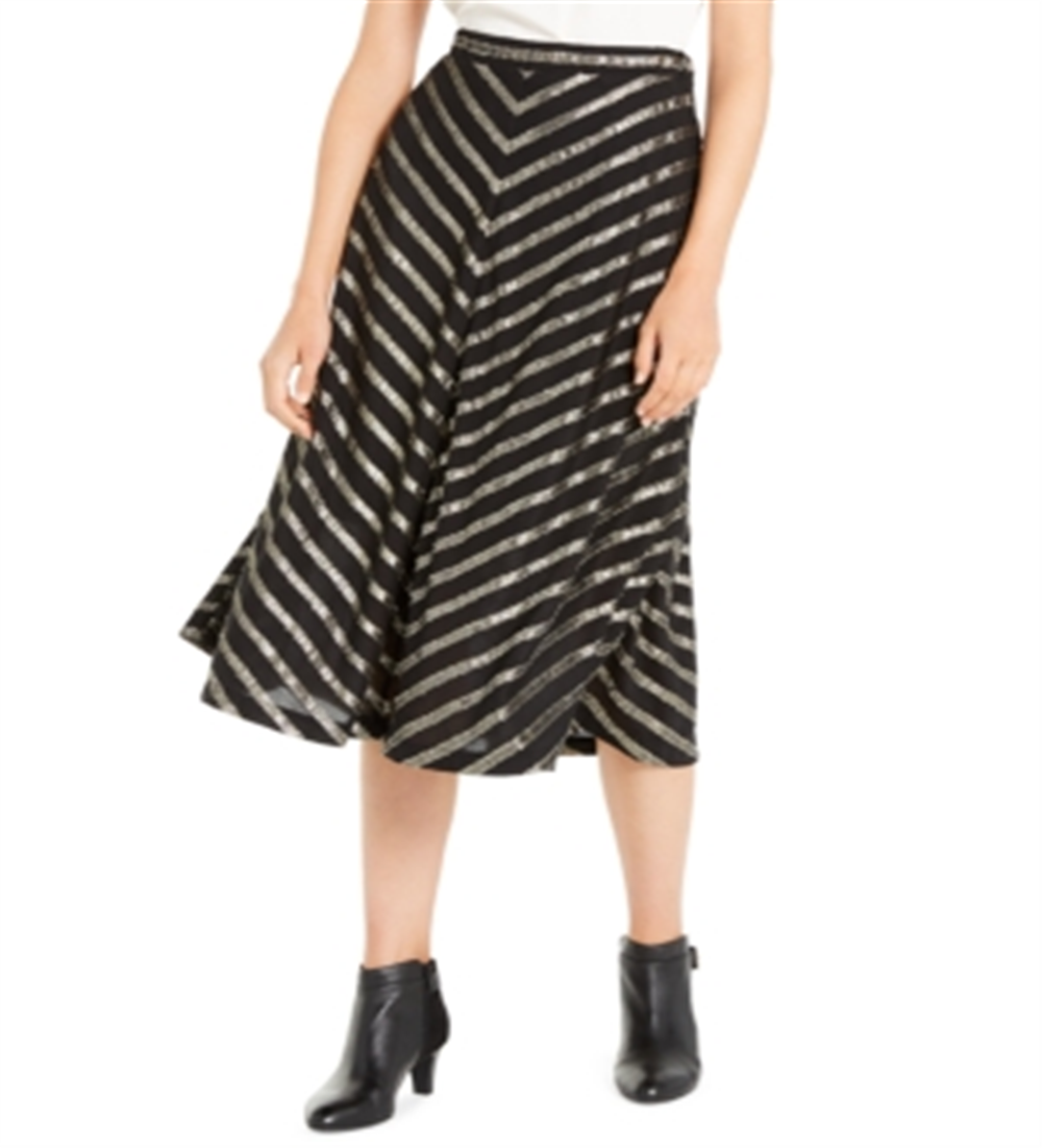 Alfani Women's Sequined Glitter Striped Below the Knee Party Fit Flare Skirt Black Size 2