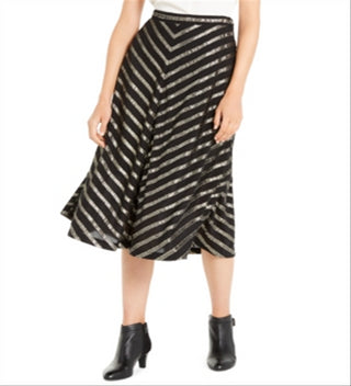 Alfani Women's Sequined Glitter Striped Below the Knee Party Fit Flare Skirt Black Size 2