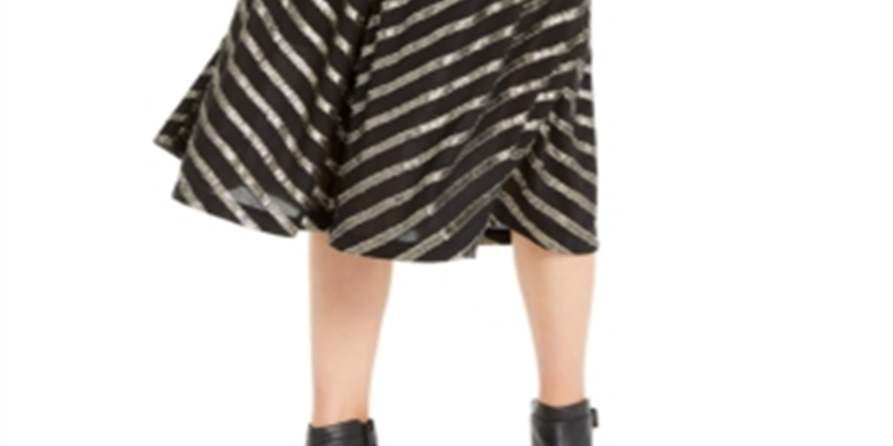 Alfani Women's Sequined Glitter Striped Below the Knee Party Fit Flare Skirt Black Size 2