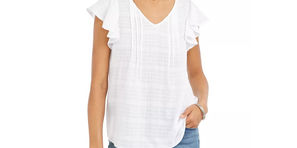 Style & Co Cotton Plaid Flutter-Sleeve Top Blue Size Small