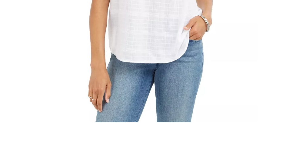 Style & Co Cotton Plaid Flutter-Sleeve Top Blue Size Small