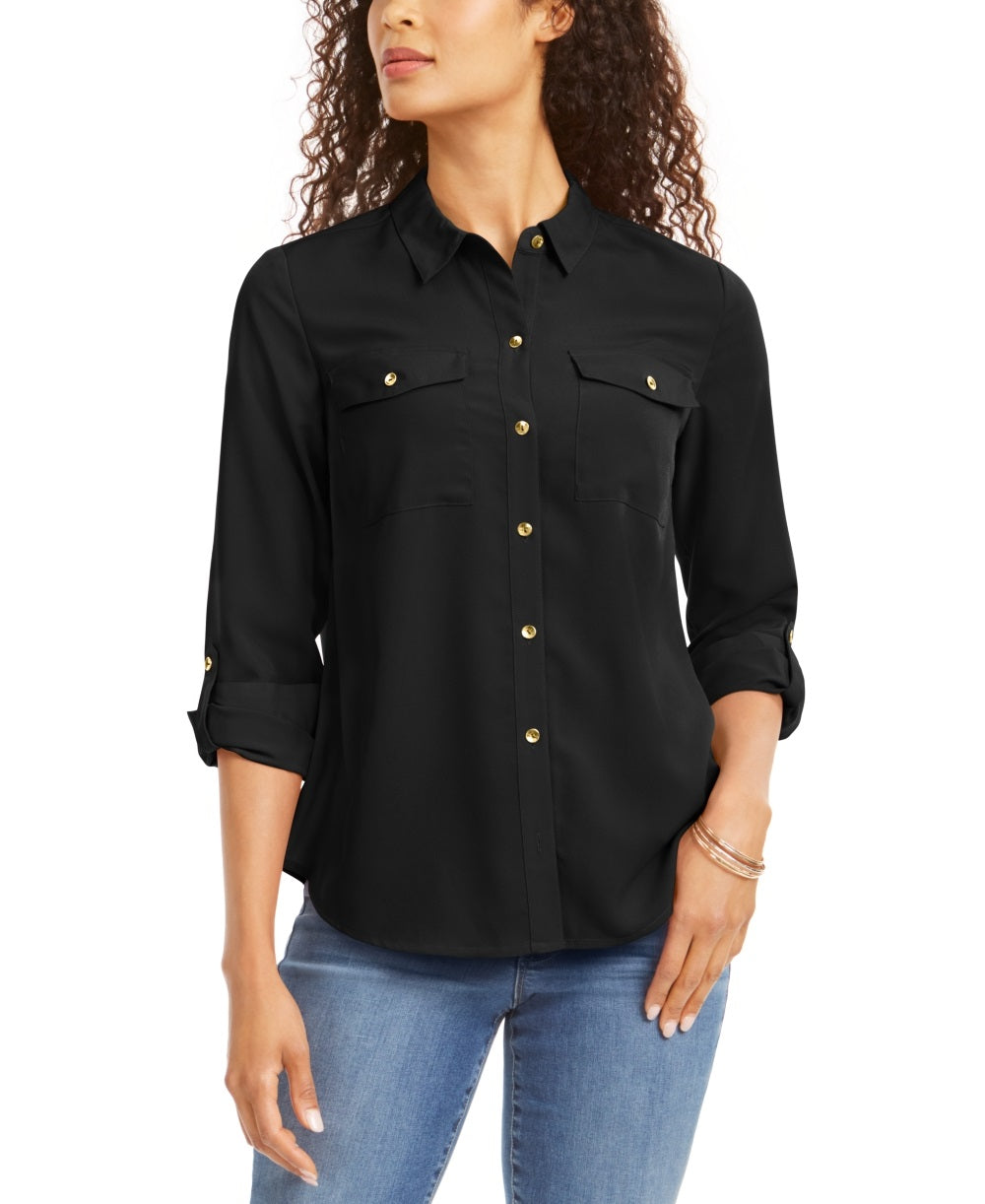 Charter Club Women's Solid Button Up Shirt Black Size PXL