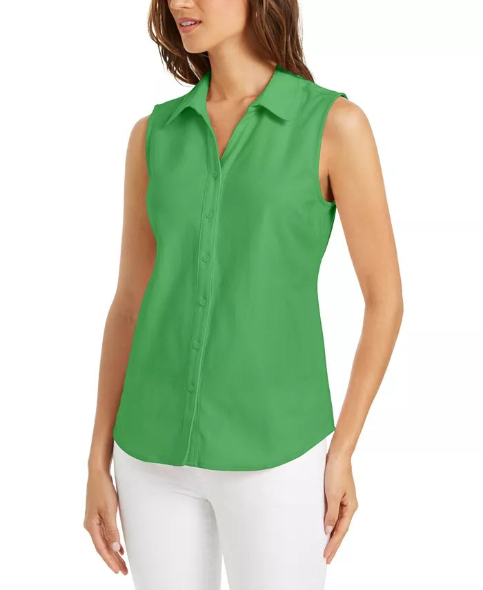 Charter Club Women's Cotton Pique Sleeveless Shirt Green Size 8