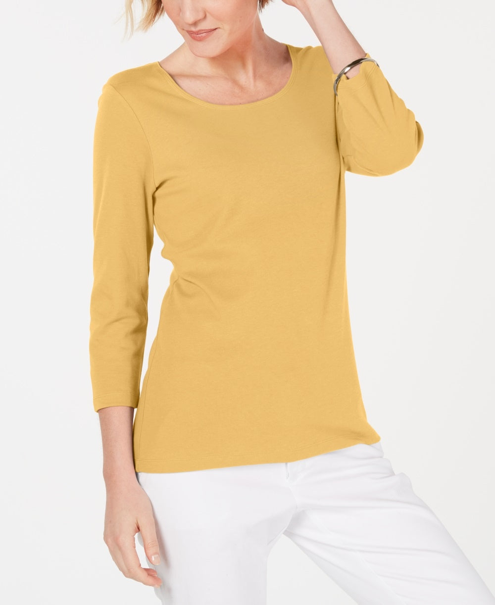 Karen Scott Women's Cotton 3/4 Sleeve Top Khaki Size Medium