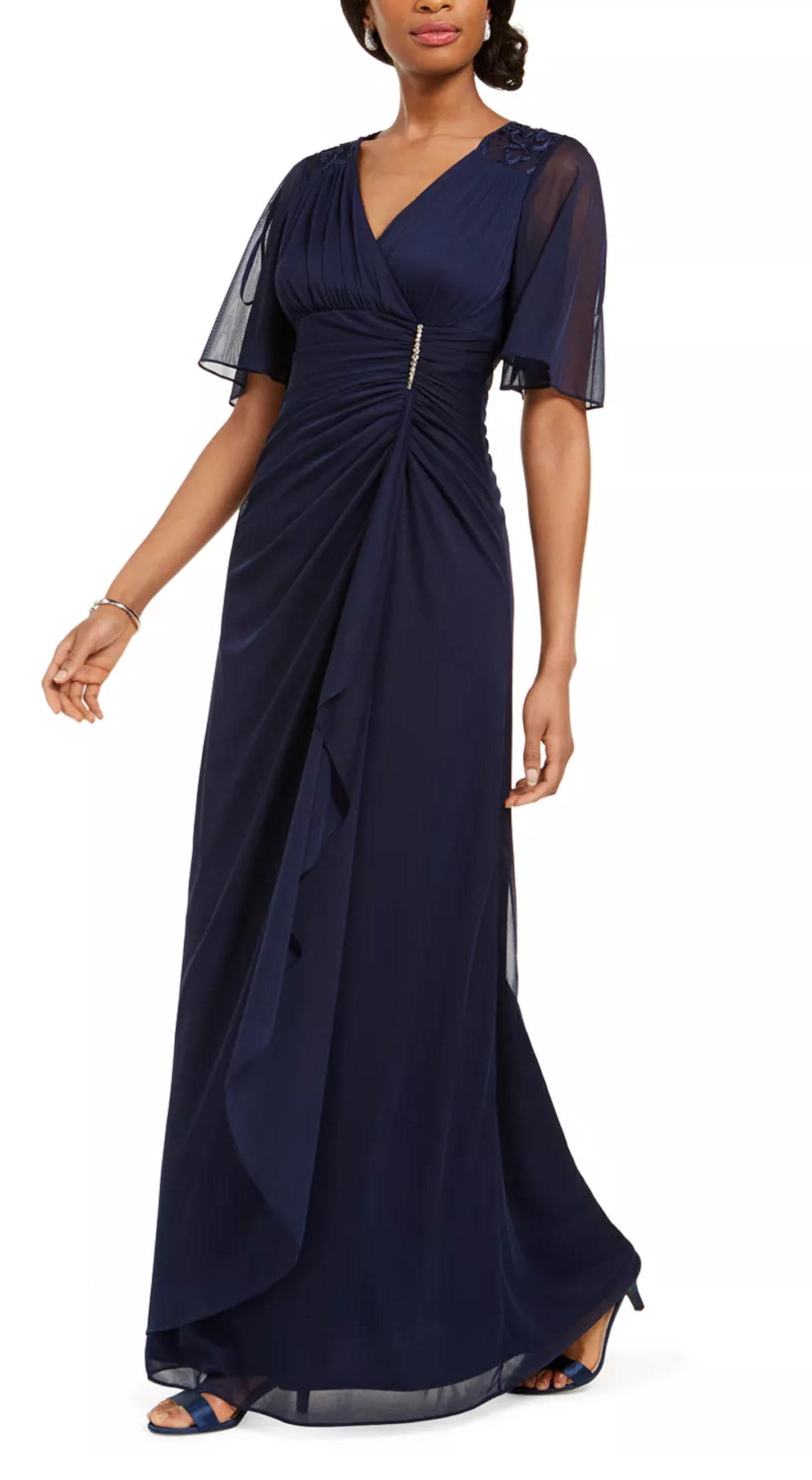 Betsy & Adam Women's Ruffled Faux Wrap Gown Blue Size 10