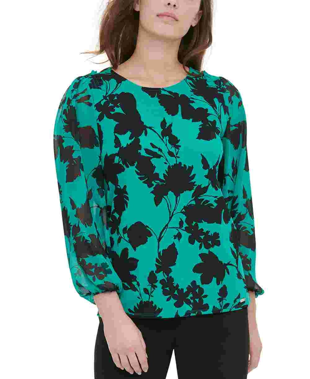 Calvin Klein Women's Printed Smocked Shoulder Blouse Green Size Medium