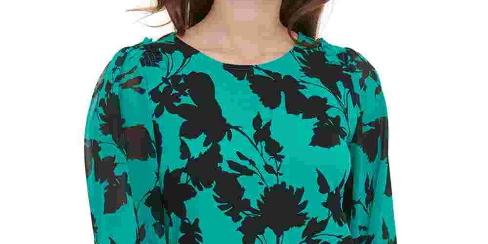 Calvin Klein Women's Printed Smocked Shoulder Blouse Green Size Medium