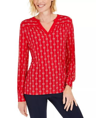 Charter Club Women's Printed Split-Neck Top Red Size X-Large