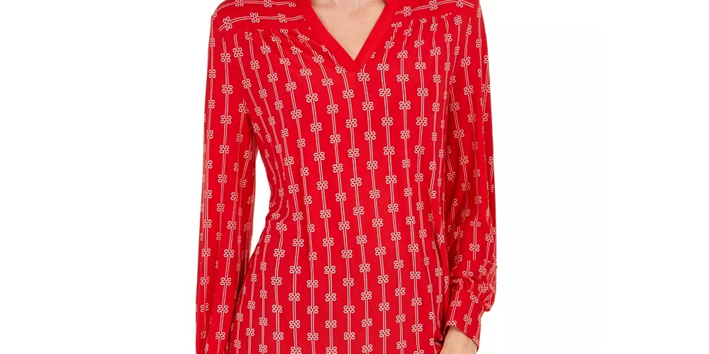 Charter Club Women's Printed Split-Neck Top Red Size X-Large