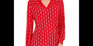 Charter Club Women's Printed Split-Neck Top Red Size X-Large