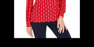 Charter Club Women's Printed Split-Neck Top Red Size X-Large