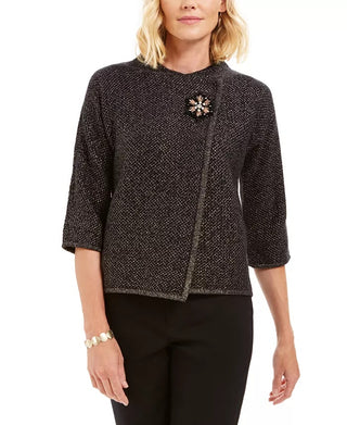 JM Collection Women's Holiday Party Metallic Textu Brooch Sweater Jacket Black Size XX-Large