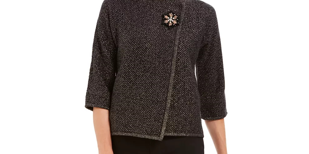 JM Collection Women's Holiday Party Metallic Textu Brooch Sweater Jacket Black Size XX-Large
