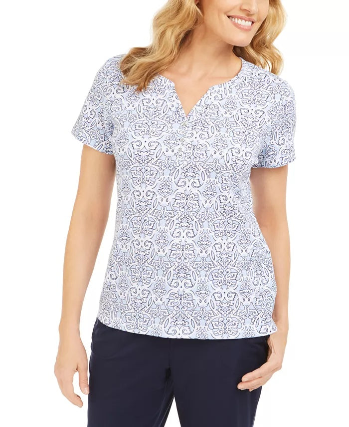 Karen Scott Women's Printed Short-Sleeve Henley Top Beige Size Medium