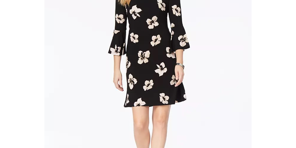 Tommy Hilfiger Women's Printed Jersey Bell Sleeve A-Line Dress Black Size 12