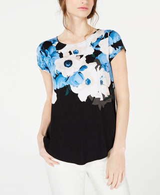 Alfani Women's Printed Round Hem T-Shirt Blue Size Petite Small