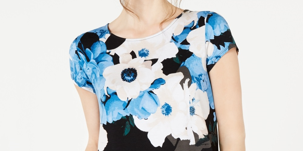 Alfani Women's Printed Round Hem T-Shirt Blue Size Petite Small