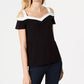 INC International Concepts Women's Petite Contrast-Trim Cold-Shoulder Top Black Size Petite S