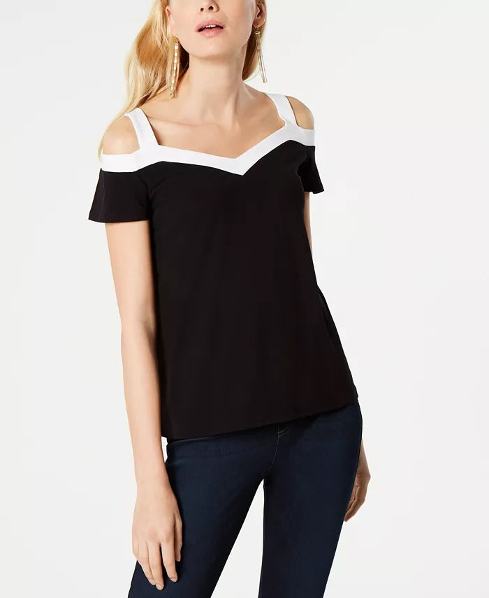 INC International Concepts Women's Petite Contrast-Trim Cold-Shoulder Top Black Size Petite S