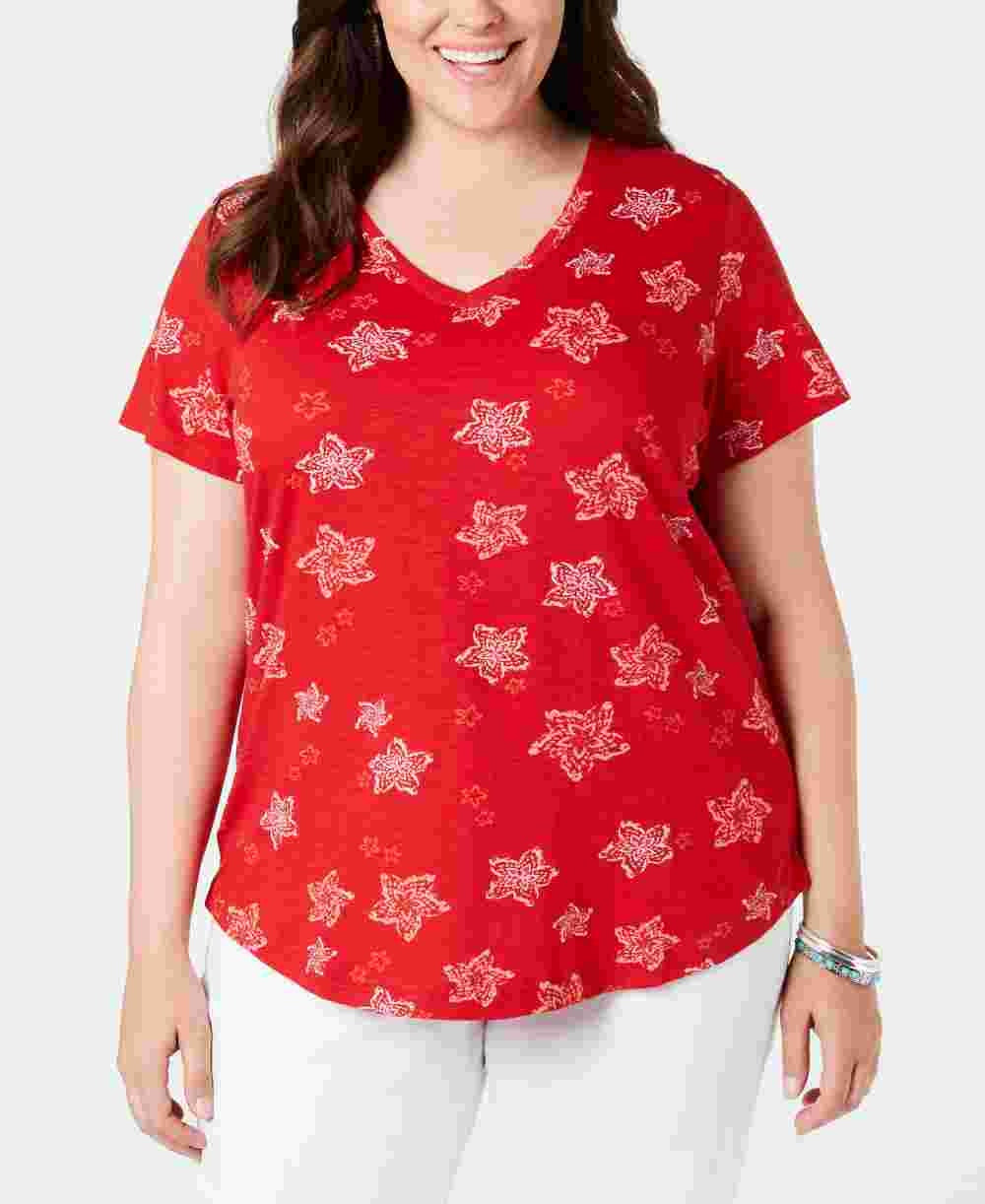 Style & Co Plus Size Cotton Printed T-Shirt Wine Size 1X