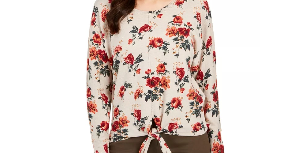 Style & Co Women's Petite Printed Tie-Hem Sweater Brown Size Petite XL