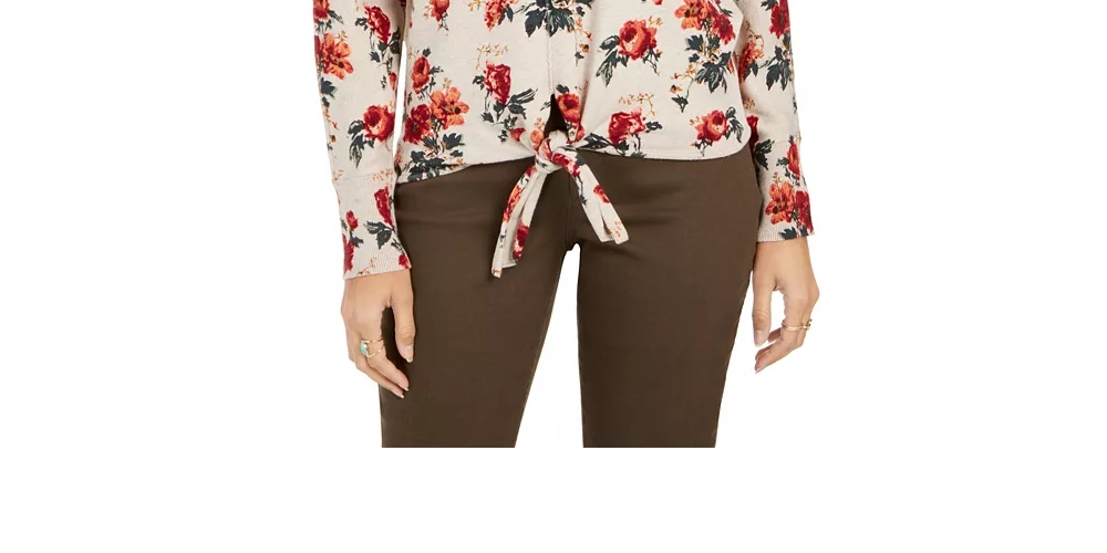 Style & Co Women's Petite Printed Tie-Hem Sweater Brown Size Petite XL
