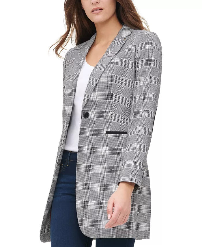 Tommy Hilfiger Women's Plaid One-Button Elbow-Patch Blazer Gray Size 16