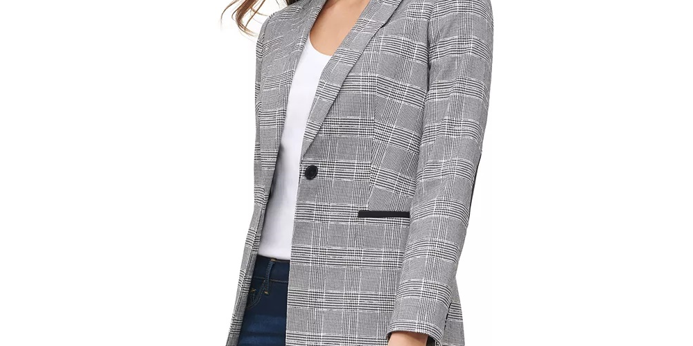 Tommy Hilfiger Women's Plaid One-Button Elbow-Patch Blazer Gray Size 16