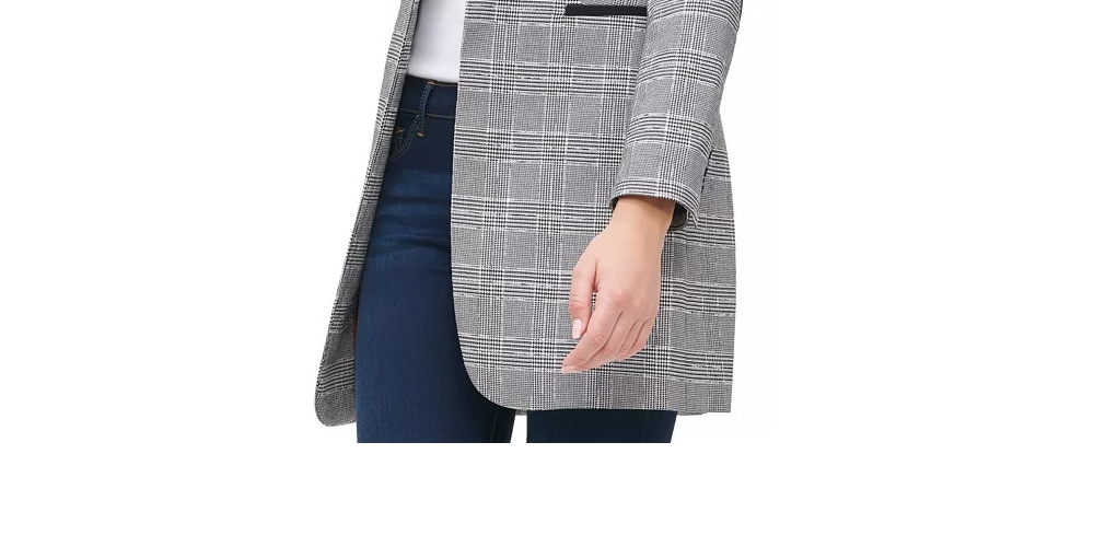 Tommy Hilfiger Women's Plaid One-Button Elbow-Patch Blazer Gray Size 16