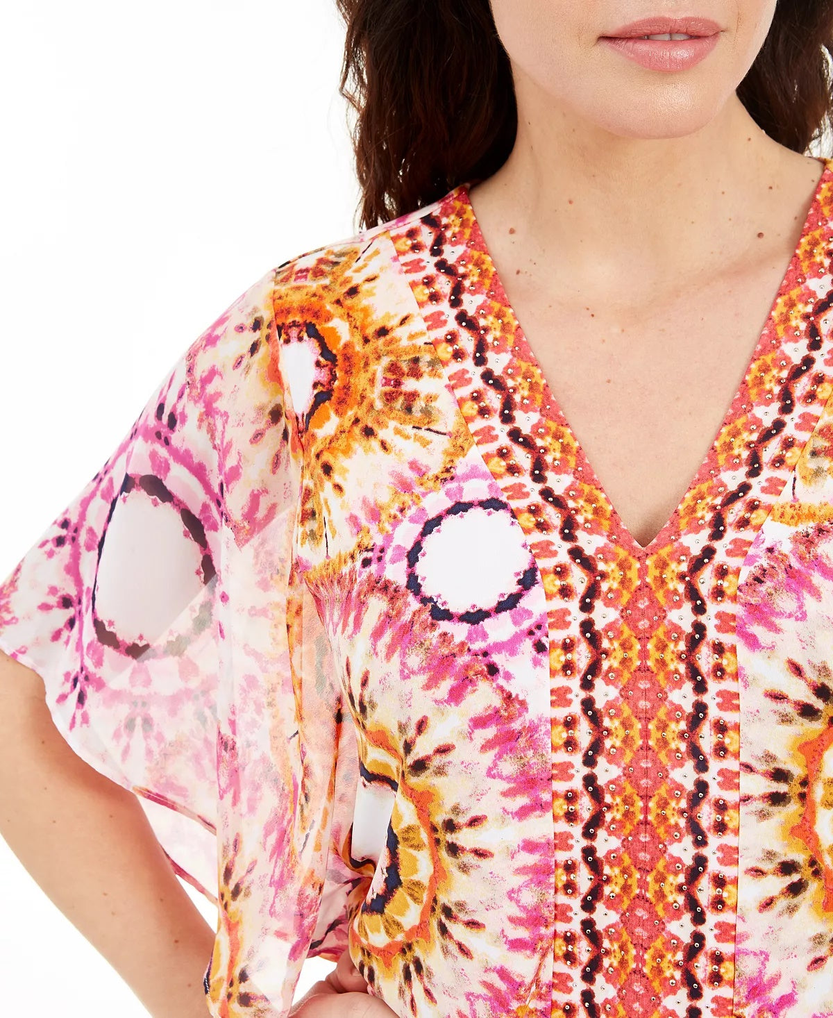 JM Collection Women's Printed Studded Top Pink Size X-Small