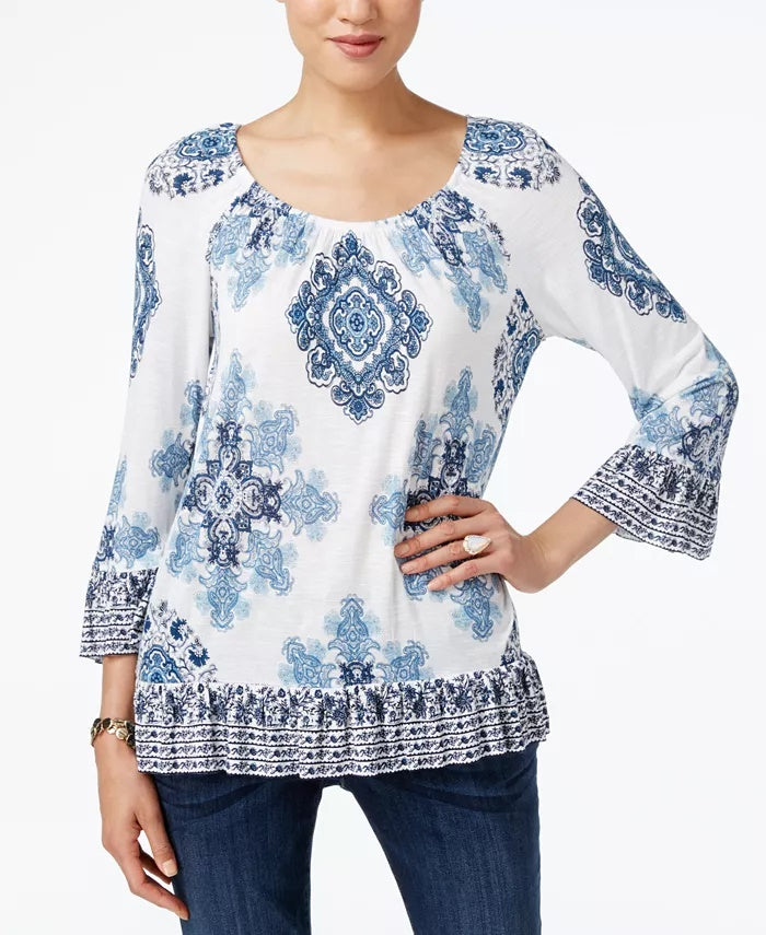 INC International Concepts Women's Ruffled Peasant Top White Size Small