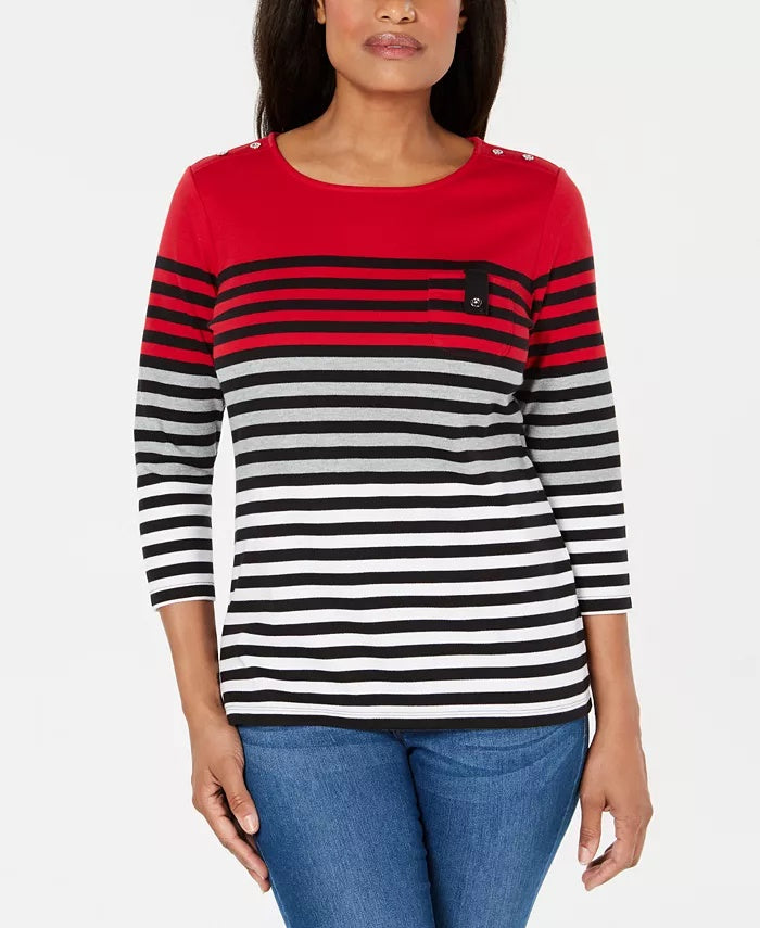 Karen Scott Women's Petite Striped Colorblocked Top Bright Red Size Petite XL