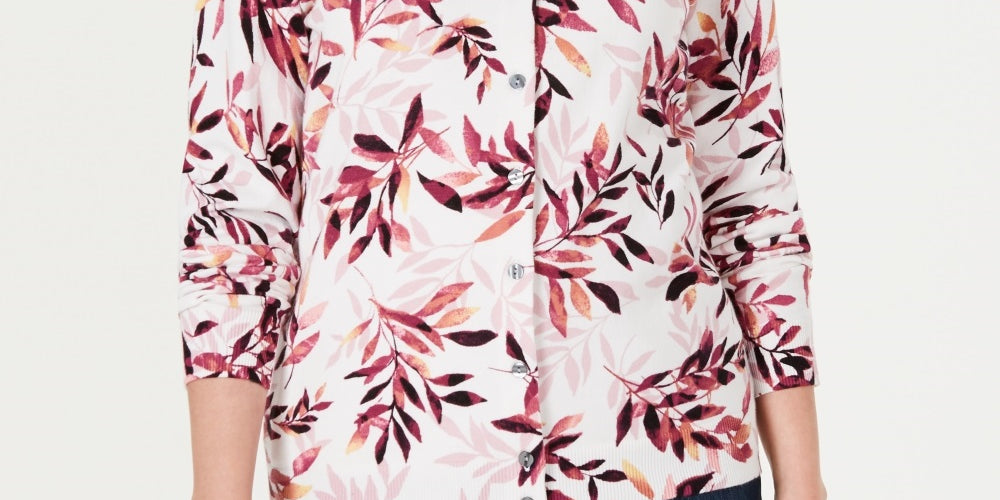 Karen Scott Women's Leaf Print Cardigan White Size XX-Large