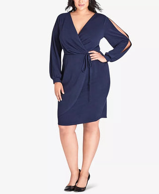 City Chic Women's Trendy Plus Size Smallplit-Sleeve Faux-Wrap Dress Blue Size 20W