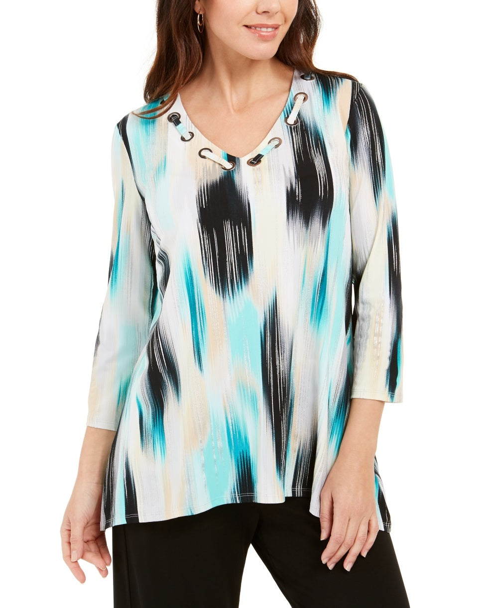 JM Collection Women's Printed Grommet-Neck Top Navy Size Large